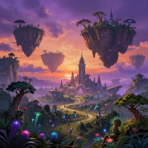 Vibrant digital fantasy artwork of a magical floating castle at sunset, surrounded by glowing flowers, towering trees, and hovering island platforms.