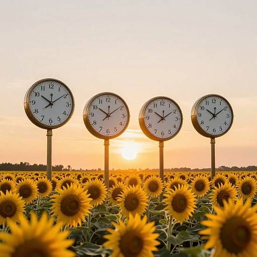 Photograph of four clocks standing in a sunflower field at sunset, with the sun partially visible behind them, casting a warm orange glow over the vibrant