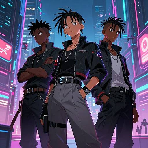 Confident Black Anime Characters in Cyberpunk City