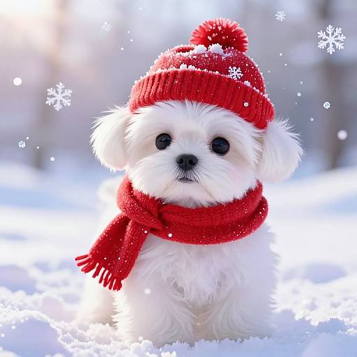 Adorable white fluffy puppy with black eyes, wearing a red knit beanie and matching scarf, standing in snowy landscape with sparkling snowflakes. Phot