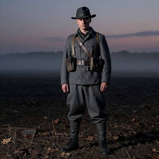 Photograph of a serious, pale-skinned man in World War I-era military uniform, black hat, and boots, standing in a dark, mist