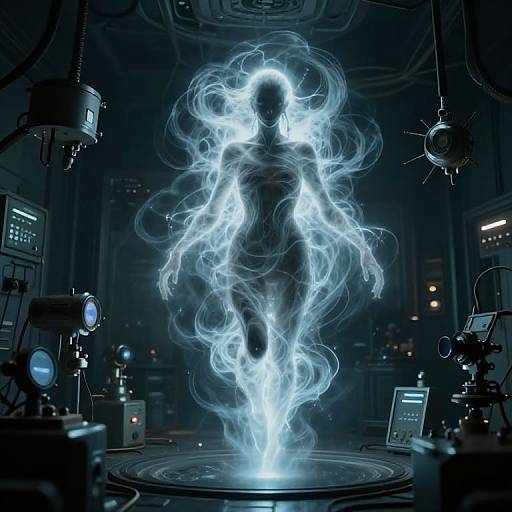 Digital art of a glowing, ethereal humanoid figure with swirling blue energy, standing in a dark, futuristic laboratory surrounded by scientific equipment.