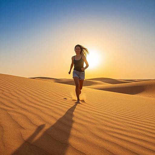 Photograph of a woman with long brown hair, wearing a black tank top and denim shorts, running through a golden desert with rippled sand, under