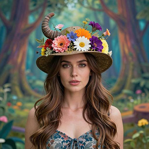 Photograph of a young woman with long brown hair, wearing a floral and horned straw hat, blue patterned dress, in a vibrant, forest