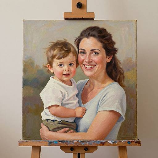 Personalized Oil Painting of Woman and Child on Easel