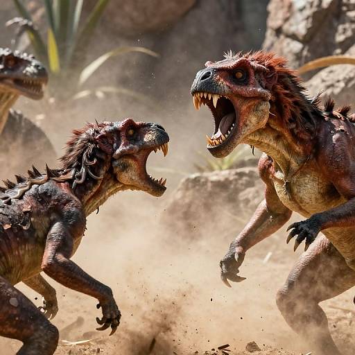 CGI image of two fierce, red-scaled, dinosaur-like creatures with spiked backs and open mouths roaring at each other in a dusty, rocky desert