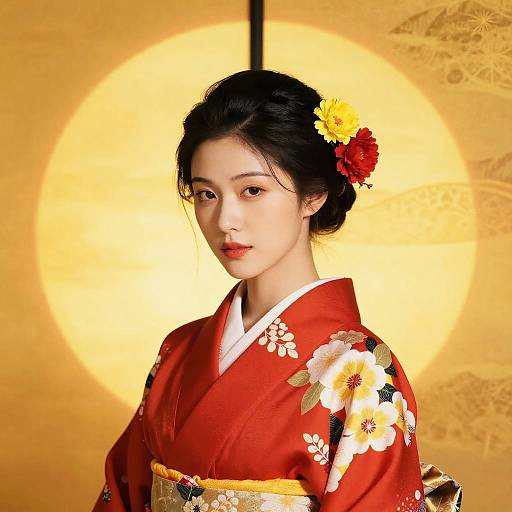 Photograph of a Japanese woman with fair skin, black hair in an updo, wearing a red floral kimono, adorned with yellow and red flowers