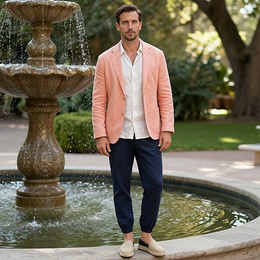 Photograph of a handsome, bearded man with dark hair, wearing a peach blazer, white shirt, black pants, and beige loafers,