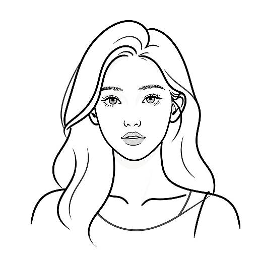 Black-and-white line drawing of a young woman with long hair, subtle eyelashes, and a calm expression, wearing a simple top.