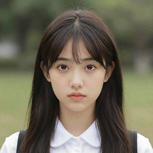Photograph of an Asian woman with long black hair, bangs, fair skin, and brown eyes, wearing a white collared shirt, standing outdoors