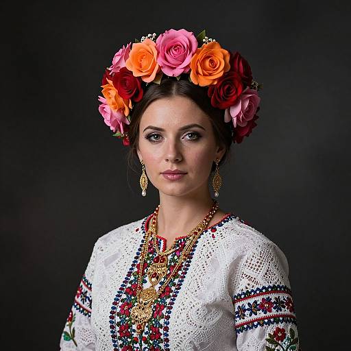 Photograph of a Latina woman with dark hair, wearing a colorful floral crown, white embroidered traditional dress, and gold jewelry, against a black background.