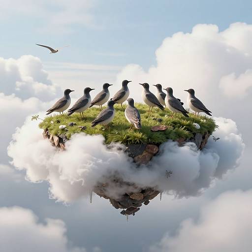 Photorealistic digital art: A cluster of birds perches on a grassy, cloud-like island with a rocky base, set against a bright blue