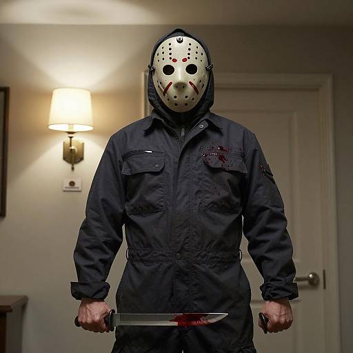 Man in Jason Voorhees Mask with Bloody Knife