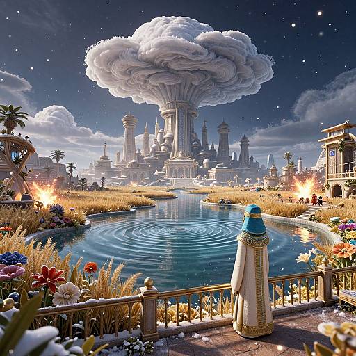 Digital fantasy artwork of a surreal city with a massive, cloud-like structure over a serene, flower-filled pond under a starry night sky.