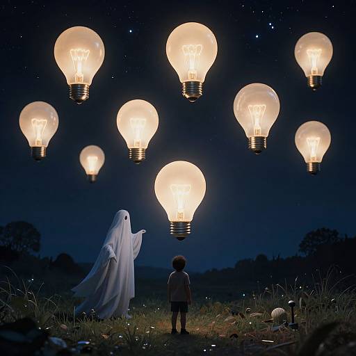 Photograph of a child in silhouette, facing glowing, floating light bulbs; a white ghost stands beside, night sky background.
