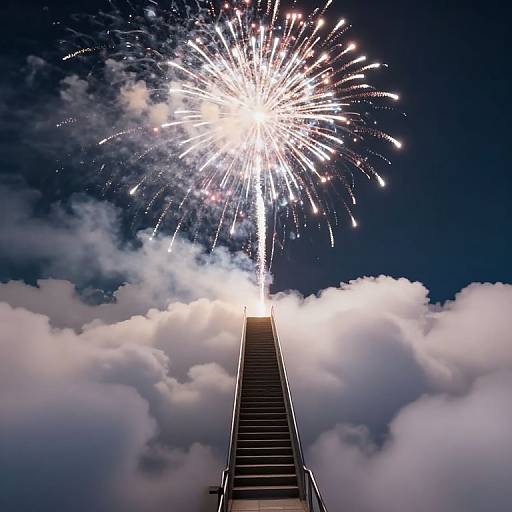 Photograph of a fireworks explosion above a tall, dark staircase ascending into fluffy white clouds against a deep blue sky.