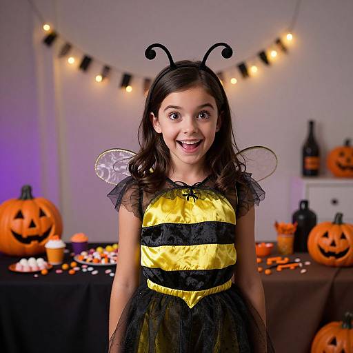 Photograph of a young girl with dark hair, wearing a yellow and black striped bee costume with antennae and wings, smiling in a Halloween-themed room