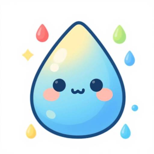 Cute digital illustration of a blue water droplet with a smiling face, pink cheeks, and colorful raindrops around it.