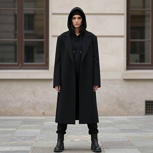 Photograph of a young woman with pale skin and dark eyes, wearing a black hooded coat, black hoodie underneath, and black boots, standing on