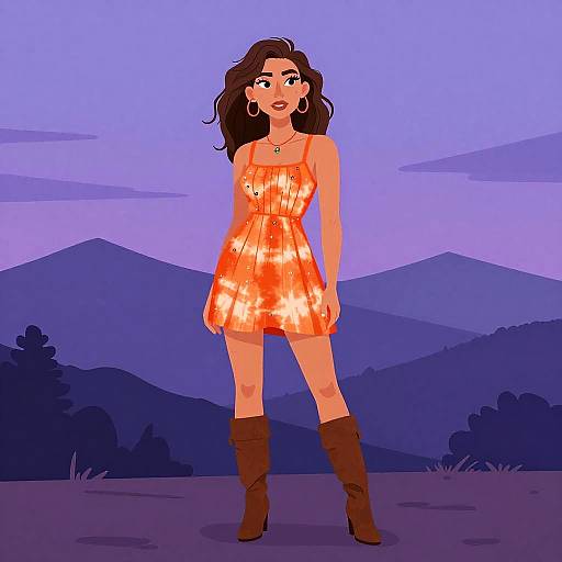 Bohemian Woman in Vibrant Orange Dress