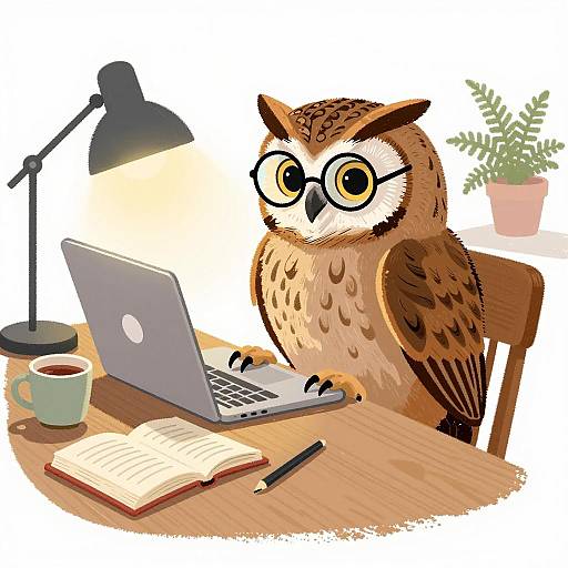 Owl in Glasses Working on Laptop