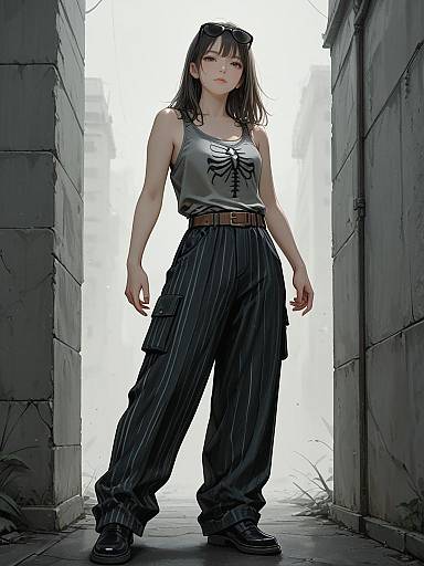 Alternative Style Woman in Skeletal Print Tank Top