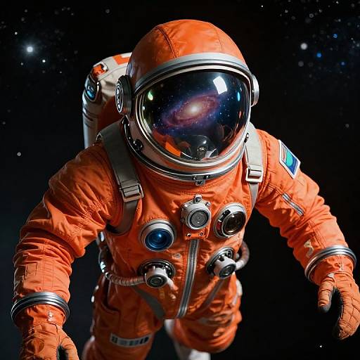 Photograph of an astronaut in a bright orange spacesuit with a reflective helmet, floating in a starry space background. Multiple buttons and straps are visible