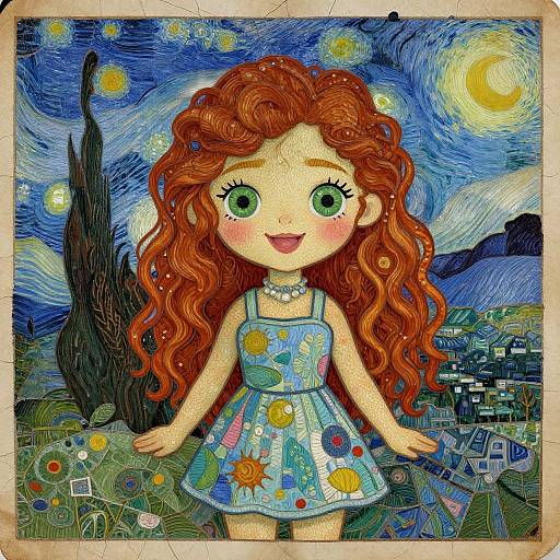 Whimsical digital drawing of a smiling girl with green eyes and wavy red hair, wearing a floral dress, in a vibrant, starry night