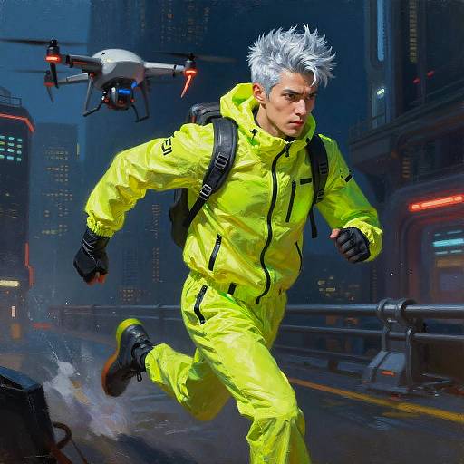 Cyberpunk Drone Pilot in Neon Sportswear