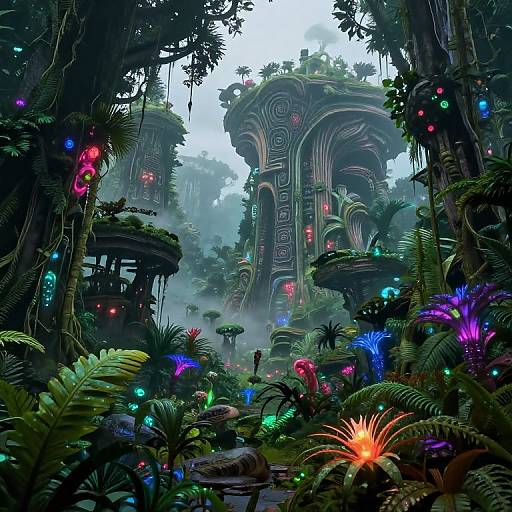 Digital fantasy artwork of a lush, neon-lit jungle with floating, ornate, glowing towers surrounded by vibrant, bioluminescent plants and fungi