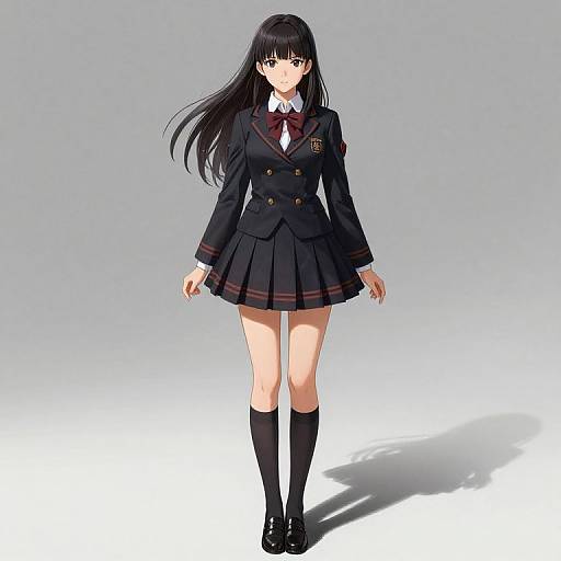 Digital anime-style drawing of a young woman with long black hair, wearing a black school uniform with red trim, white shirt, red tie, black skirt