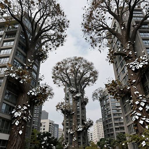 Photograph of urban courtyard with tall, modern buildings surrounded by leafy trees, viewed from below, sky visible through branches.