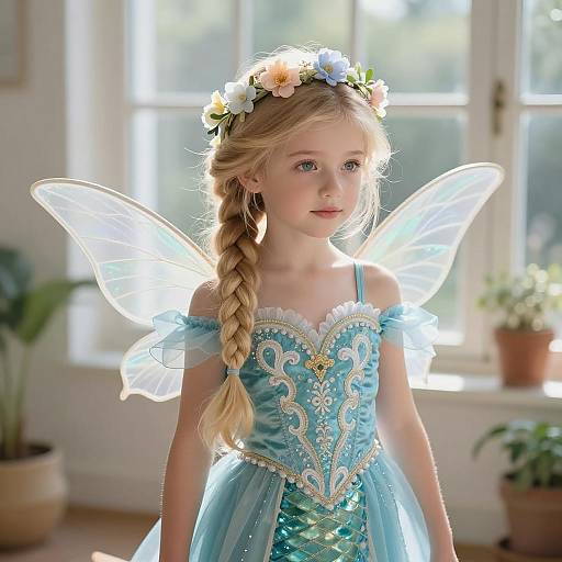 Young Girl in Blue Fairy Dress with Wings