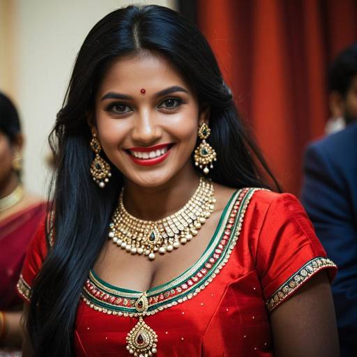 Smiling Indian Woman in Traditional Red Dress and Jewelry