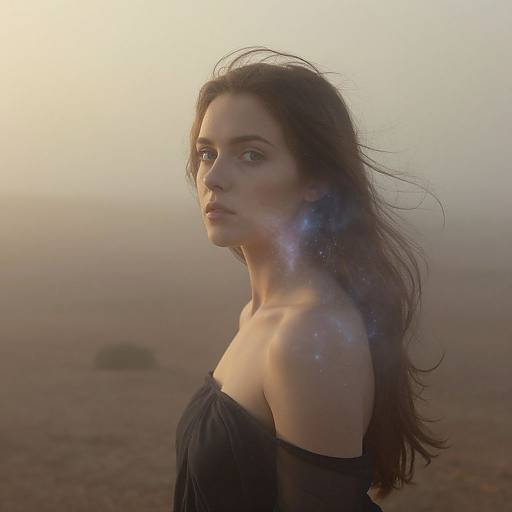 Photograph of a pensive young woman with long, wind-blown dark hair, wearing a black off-shoulder top, standing in a fog