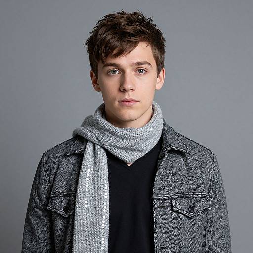 Photograph of a young man with short brown hair, fair skin, and blue eyes, wearing a gray scarf, black shirt, and textured gray denim