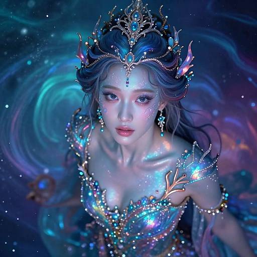 Digital fantasy portrait of a ethereal, blue-lit queen with glowing jewelry, intricate crown, and flowing hair, set against a cosmic, swirling background