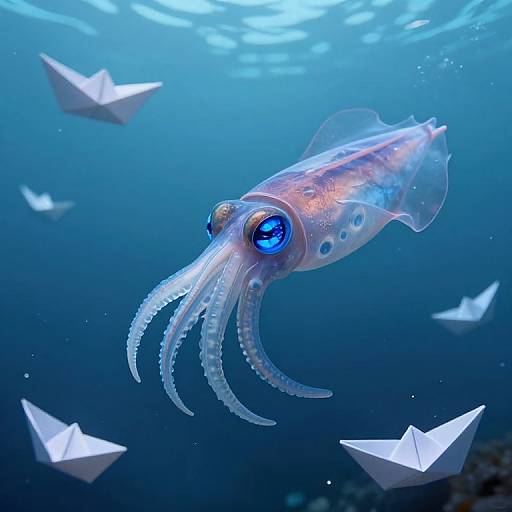 Photograph of a glowing blue-eyed, translucent squid with white tentacles swimming amidst floating white paper boats in a deep blue ocean.