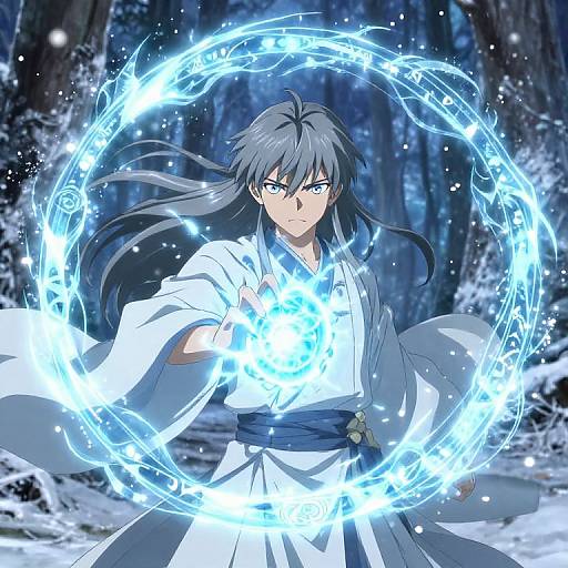 Anime-style digital drawing of a serious, long-haired, blue-eyed male mage in a white kimono, casting a glowing blue magical circle in a snowy