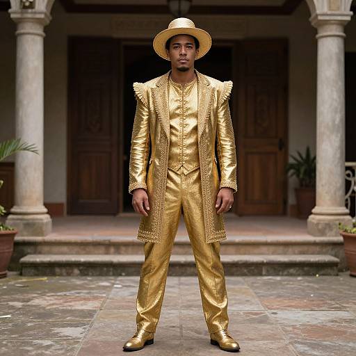 Golden Jay Costume in Courtyard