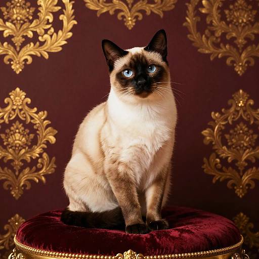 Photograph of a Siamese cat with striking blue eyes, black mask, and cream fur, sitting on a red velvet stool against an ornate