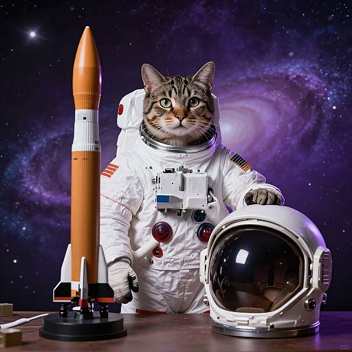 Tabby Cat Astronaut Portrait with Rocket