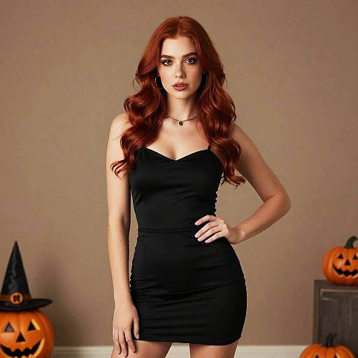 Photograph of a red-haired woman in a black, strapless mini dress, standing against a beige wall with Halloween decorations.