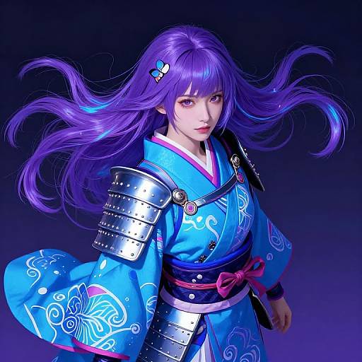 Digital anime-style artwork of a purple-haired woman with flowing hair, wearing a blue kimono with floral patterns, black armor, and pink obi,