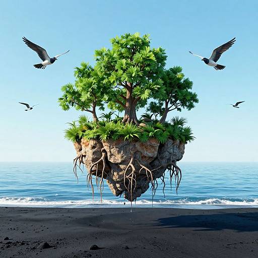 Surreal Floating Island with Mirrored Birds