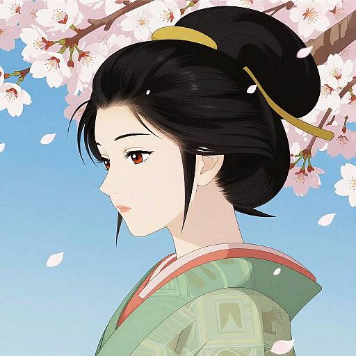 Anime Japanese Woman with Sakura