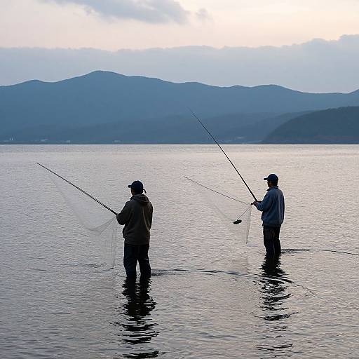 Fishermen Casting Nets in Tranquil Lake