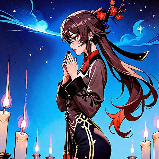 Hu Tao Praying Under Starry Night