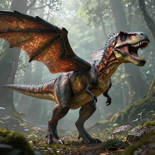 Photorealistic CGI of a fierce, red-scaled, winged dinosaur with open mouth roaring in a sunlit, misty forest. Detailed textures