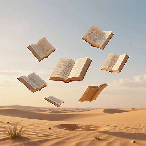 Ethereal Floating Books in Desert